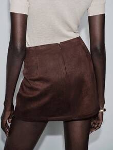 Lumivelle Brown Plain Straight Short Skirt For Women Casual Style Woven Fabric Brown Dress Elegant Skirt Spring/Summer Outfits - Brown - View 2