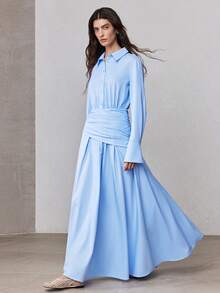 ZEYLAH 女士纯色裹身式修身A字长连衣裙，春季 - 藍色 - 查看 7