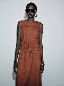 Lumivelle Women's Fashion Textured Fabric Round Neck Waist Ruched Design Sleeveless Dress - Redwood - View 4