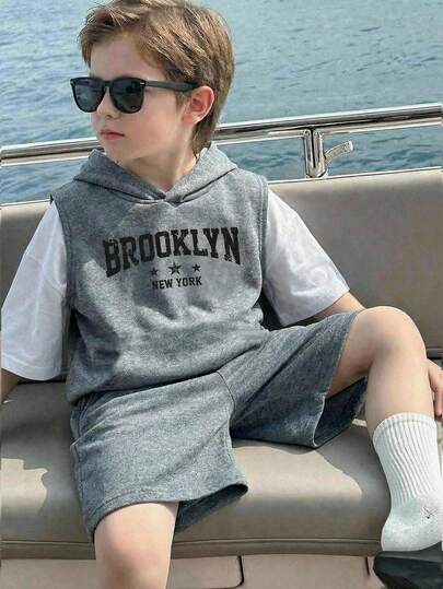 2pcs Kids Boy Casual Korean Style Letter Print Hooded Sweatshirt And Solid Color Shorts Set