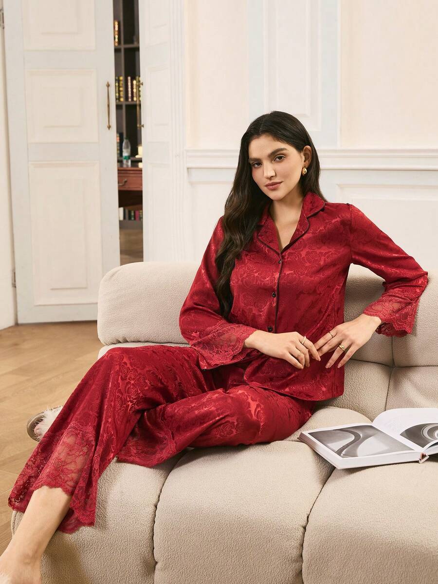 Moireta Women's Elegant Romantic Lace Patchwork Silk Lapel Button-Front Comfortable Floral Jacquard Satin Pajama Set - Burgundy - View 1