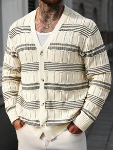 Manfinity Homme Cárdigan de punto con cuello en V a rayas, estilo casual y preppy, de manga larga y ajuste regular con botones delanteros para hombre - Multicolor - Ver 5