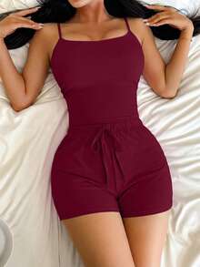Casual Minimalist Camisole Women's Pajama Set - Burgundy - View 4