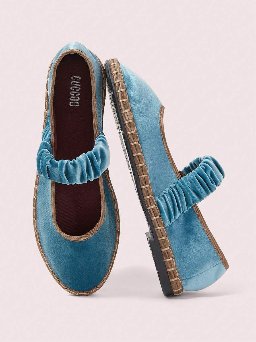 CUCCOO DOLLMOD Giày bệt nữ màu cam sáng, thanh lịch, cổ điển, thoải mái, xếp ly, kiểu Mary Jane bằng nhung. - Màu xanh nước biển / Kaki - Xem 1