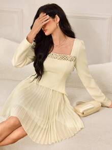 Modelyn 女士褶裥短款收腰优雅修身连衣裙 - 杏色 - 查看 8