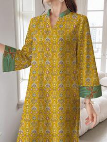 SHEIN Najma 女士几何图案椰树印花V领长袖优雅阿拉伯风格长款连衣裙，春季 - 彩色 - 查看 4