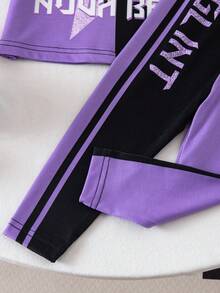 SHEIN Baby Girl Cartoon Letter Print Round Neck Short Sleeve T-Shirt And Pants Casual Outfit - Purple - View 6