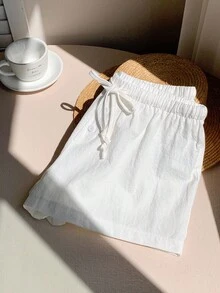 SHEIN PETITE CURVE 大码女式纯色系带腰部休闲宽松短裤 - 白色 - 查看 5