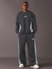 STYNVO 男士字母刺绣图案圆领长袖卫衣和口袋运动裤休闲套装，适合秋冬季外出穿着 - 灰色 - 查看 5