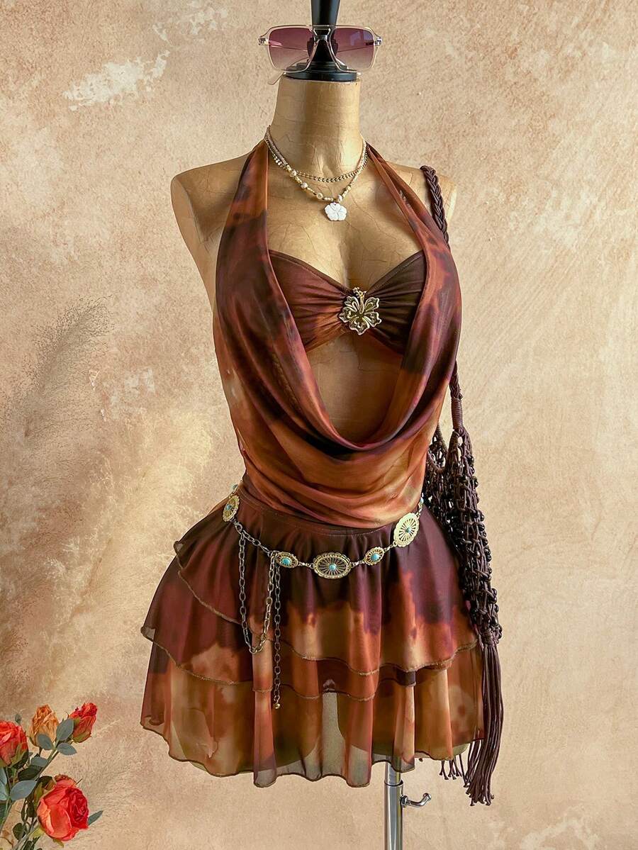 Soleia 女士休闲度假连衣裙,复古扎染荷叶边下摆垂褶领迷你连衣裙,适合海滩、邮轮、城市度假、假日、约会、下午茶、音乐节等场合。 - 棕色 - 查看 1