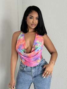 Alexandranx Tie-Dye Print Draped Neck Sleeveless Crop Top, Vacation Style For Women - Multicolor - View 5