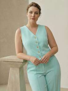 MOTF PREMIUM CHALECO DE MUJER TALLA GRANDE CON CUELLO EN V Y ABOTONADURA SENCILLA PARA PRIMAVERA/VERANO - verde menta - Ver 1