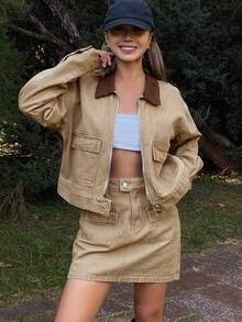 Livesso Women's Casual Denim Patchwork Collared Top And Skirt Set - Khaki - View 1