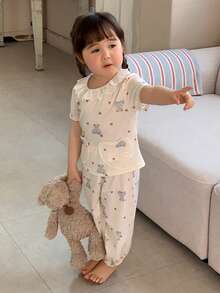 DAZY 2件套女婴蕾丝拼接卡通爱心印花长袖上衣和裤子睡衣套装 - 米色 - 查看 3