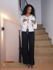 Yess Loren Women's Spring Solid Long Sleeve Satin Casual Shirt With Open Bowknot Front Flare Cuff Split Blouse Top Valentines Clothes - White - View 4