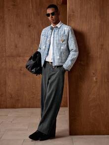 AKNOTIC Business Casual 男士格子印花前扣口袋长袖开衫外套 - 淺藍色 - 查看 7