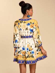 Travachic Women's V-Neck 3/4 Sleeve Printed Chiffon Mini Dress, Suitable For Spring/Summer Vacation - Multicolor - View 2