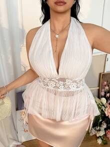 CovetEZ Plus Size Summer Romantic Spaghetti Strap Pleated Patchwork Chiffon Lace Halter Top, Summer Tops Sexy Blouses - Beige - View 6