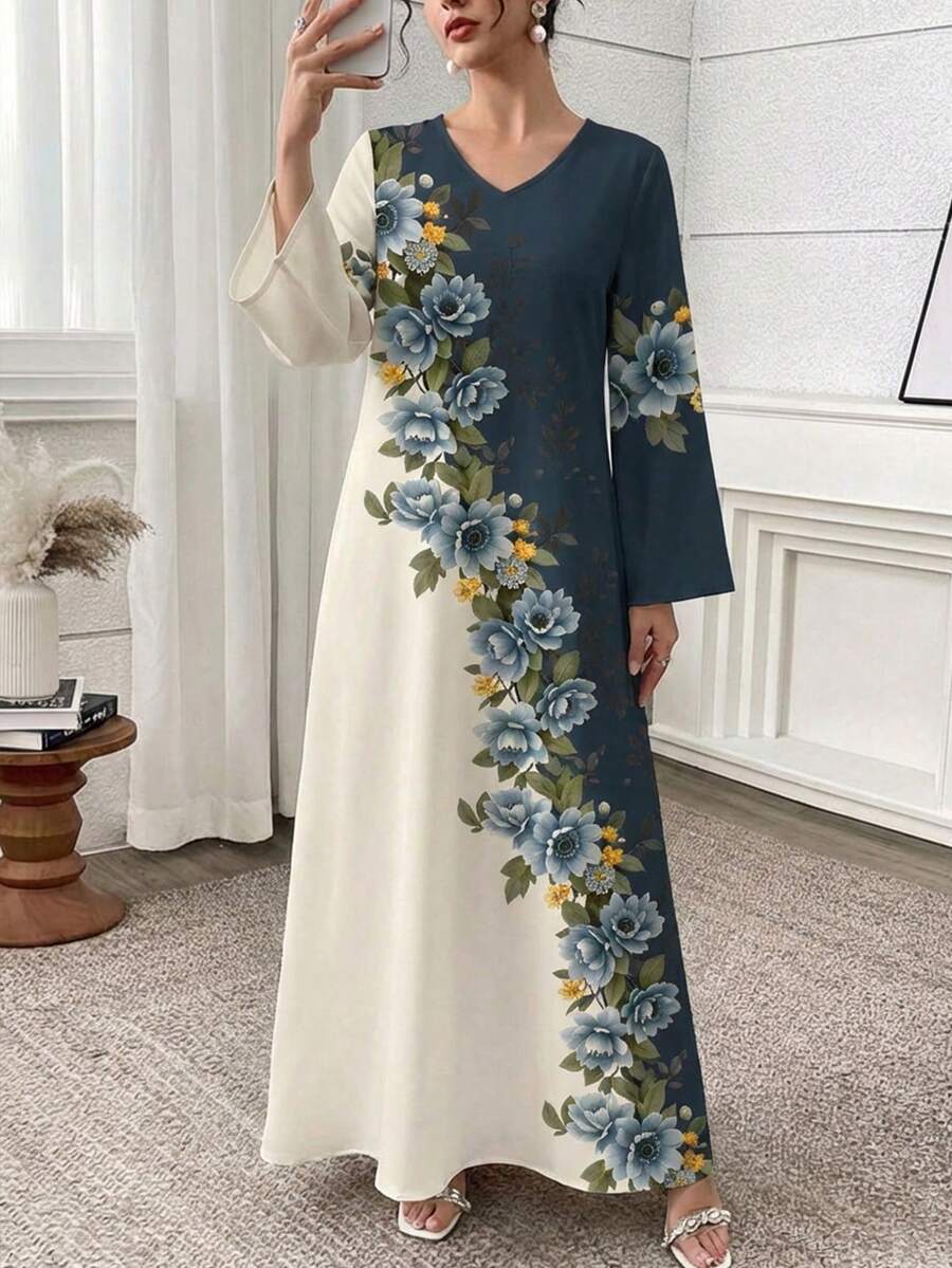 Al Najma فستان عربي محتشم بطبعة زهور وياقة على شكل حرف V وأكمام طويلة