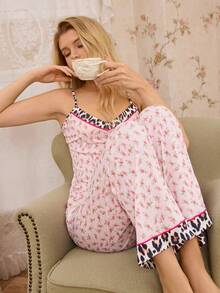 SHEIN Women's Romantic Floral & Leopard Print Camisole And Pants Pajama Set - Baby Pink - View 3