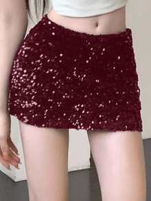 DAZY Women's Solid Color Low Waist Super Short Mini Skirt, All Season - Burgundy - View 2