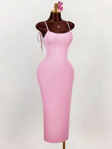 Amplova Đầm ôm sát dáng suông, cổ rộng, dây mảnh, thắt nơ, hở lưng, xếp ly, xẻ tà cao. - Hồng - Xem 6