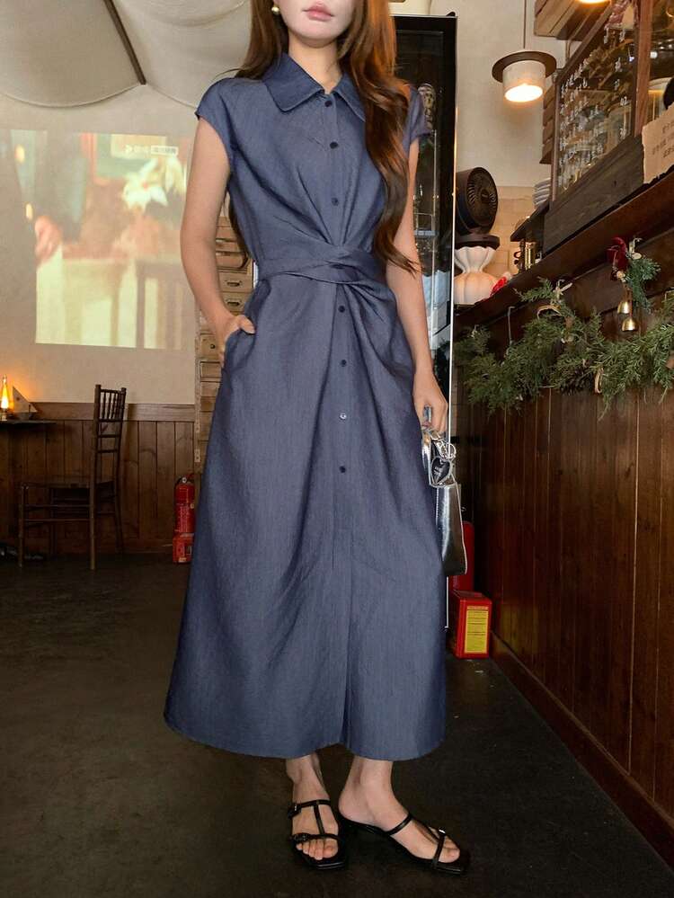 Women's Collared Twist Solid Color Sleeveless Mid-Length Dress Summer Sundress