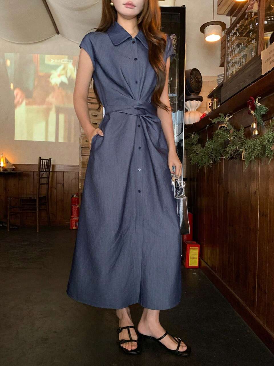 Women's Collared Twist Solid Color Sleeveless Mid-Length Dress Summer Sundress
