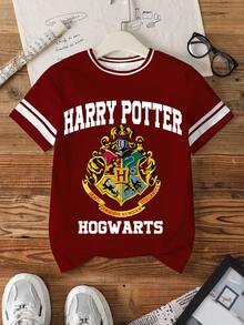 HARRY POTTER X SHEIN Tween Boy Casual Letter & School Logo Print Short Sleeve T-Shirt, Summer - White - View 1