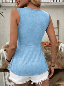 SHEIN LUNE 女士休闲前扭褶皱短袖V领背心，夏季 - 藍色 - 查看 2