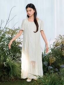 DAZY Tween Girls Crew Neck Textured Short Sleeve Midi Dress - Beige - View 3