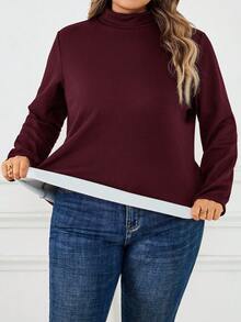 SHEIN CURVE+ Camiseta térmica de manga longa preta com forro térmico, tamanho plus, outono/inverno - Violeta - Visão 3
