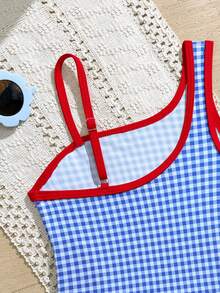 1pc Young Girls Blue & White Plaid Print With Red Trim One-Piece Swimsuit Summer Swimsuit Checkered Bathing Suit Kids Girls Checkered Swimsuit Girls Cherry Swimsuit Beachwear Kids One Piece Girls One Piece Swimsuit Blue Checkered Swimsuit Children One Piece Bathing Suit Girl Swimwear Kids Swimwear Girl One Piece Checkered Blue Red Swimsuit - Multicolor - View 5