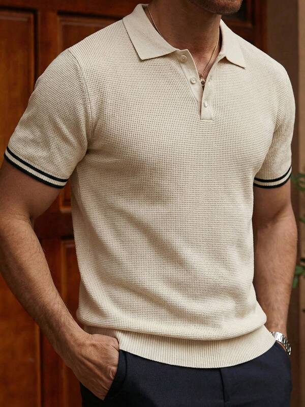 Manfinity Homme Men's Striped Short Sleeve Casual Polo Knit Top Cream Top Men Men Buttoned Knitted Polo Polo Shirts For Men Collar Knitted Shirt For Men Men Clothes Men Polo Shirts Men's Polo Men's Clothes,Summer