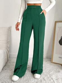 EURMUSE Women's Casual Versatile Commuter Solid Color High Waist Suit Pants - Green - View 6