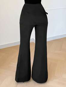Modelyn Pantalon évasé 2 en 1 élégant pour le travail et les déplacements, de couleur unie simple et polyvalent avec boutons pour femmes - Noir - Voir 7