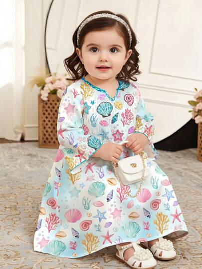 Watercolor Light Blue, Mermaid Princess Shell, Starfish, Pearl Ocean Pattern Print, Kids Jalabiya, Baby Girls Casual Loose V-Neck Long Sleeve Traditional Arabic Maxi Dress, Suitable For Spring/Summer Daily, Vacation, Festivals, Sweet Fashion Long Sleeve Dress, Kids Prayer Abaya, Easy Comfort, Casual Wear, Modest Kaftan, Kids Jalabiya, New Style