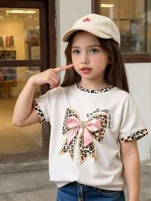Young Girl Casual Minimalist Fashion Short Sleeve Leopard Print Bow Design Pattern Round Neck T-Shirt, Lightweight & Comfortable, Suitable For Spring/Summer, Casual Street, Outdoor, School, Party, Gift - Multicolor - View 3