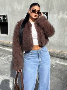 Dayanna Comas 秋冬女士前开蓬松大衣 - 鏽棕色 - 查看 6