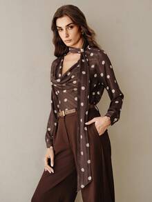 Áo kiểu nữ Anewsta thanh lịch cổ buộc dây, chất liệu satin mềm mại, màu nâu chấm bi cổ điển, tay dài, thích hợp cho mùa xuân/hè. - màu nâu - Xem 7