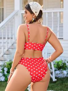 Swim Mod Plus Size Women's Summer Beach Heart Print Tie-Up Sexy Bikini Swimwear Set - Red and White - View 2