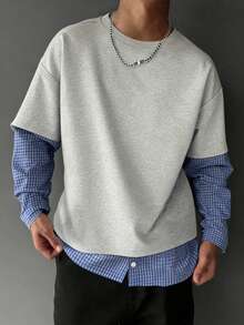 Manfinity Dauomo Camiseta de manga larga casual de hombre con estampado de cuadros 2 en 1 - Gris - Ver 2