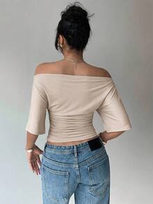 Aloruh 女士纯色露肩褶皱休闲百搭通勤长袖T恤 - 白色 - 查看 2