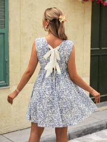 SHEIN Vacation Style Printed Backless Bow Sleeveless Mini Maternity Dress - Multicolor - View 6