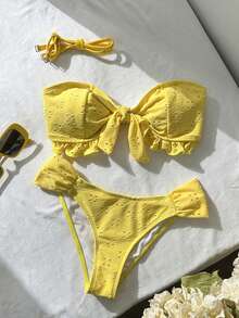 Swim Vcay Spring/Summer Solid Color Strap Jacquard Fabric Wireless Bow Decor Cute Beach Vacation Swimsuit Set