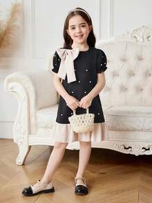 Elladie kids 1 chiếc đầm công chúa mùa hè mới cho bé gái, cổ tròn, viền bèo nhún, tay áo nhăn phía trước, trang trí ngọc trai, nơ có thể tháo rời, kiểu dáng thanh lịch cổ điển, thường ngày. - màu đen - Xem 5