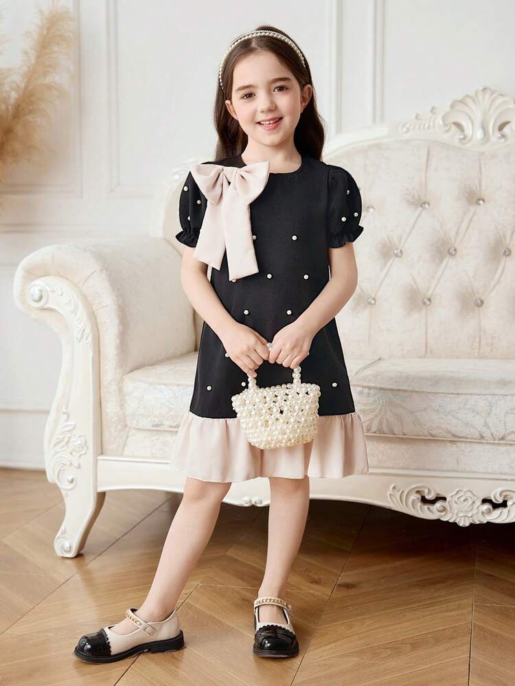 Elladie kids فستان أنيق كاجوال للبنات بياقة مستديرة وكشكشة في الذيل، أكمام أمامية مجعدة، زخرفة باللؤلؤ وفيونكة قابلة للإزالة، طراز أنيق وكلاسيكي - الأسود - مشاهدة 5