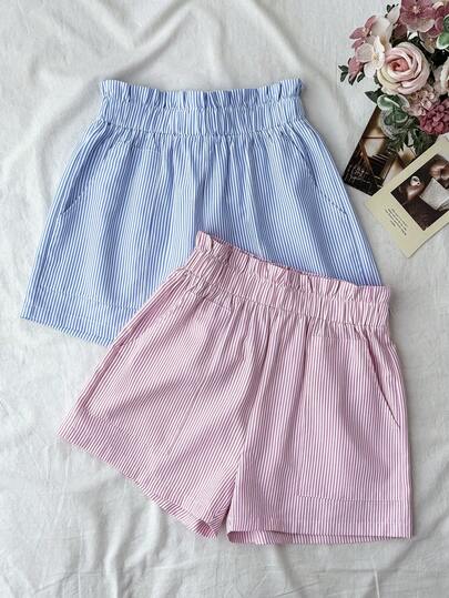 SHEIN 2pcs/Set Teen Girl Summer New Striped Frill Trim Loose Elastic Waist Pocket Shorts, Summer Shorts For Little Girls