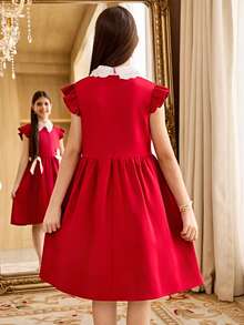 SHEIN Tween女孩休閒優雅紅白配色夏季派對A字洋裝，珠飾領口、短袖、蝴蝶結裝飾腰部，返校季Tween女孩梭織紅色洋裝 - 紅色 - 查看 10