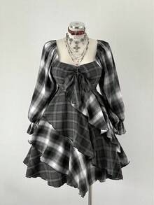 Sunspun Plaid Patchwork Bow Tie Waist Minimalist Long Sleeve Dress - Black - View 4